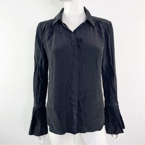 Frame Women's Black Trumpet Sleeve 100% Silk Collared Button Up Shirt Size S